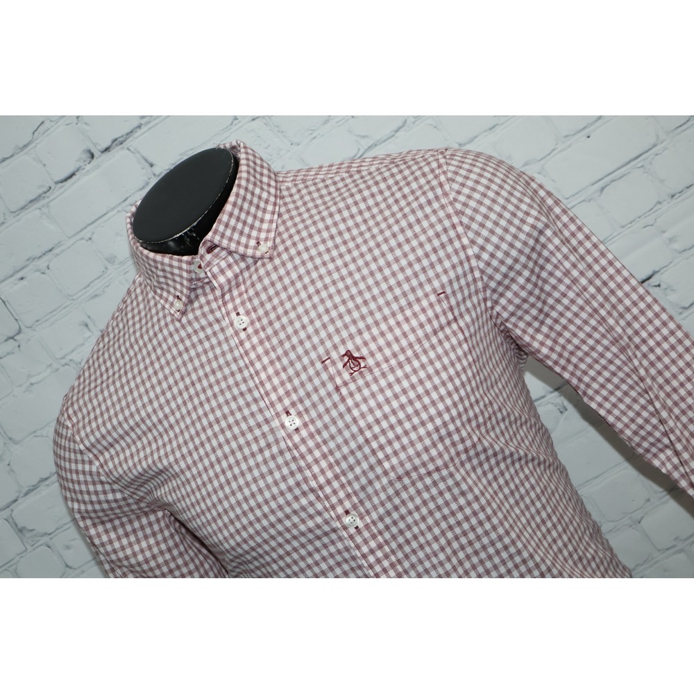 Original Penguin Button Down Shirt Mens Medium Burgundy Gingham Stretch